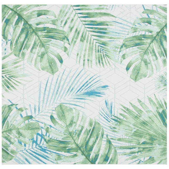 SAFAVIEH Barbados Distressed Palm Leaves Outdoor Area Rug, Green/Teal, 6'6" x 6'6" Square