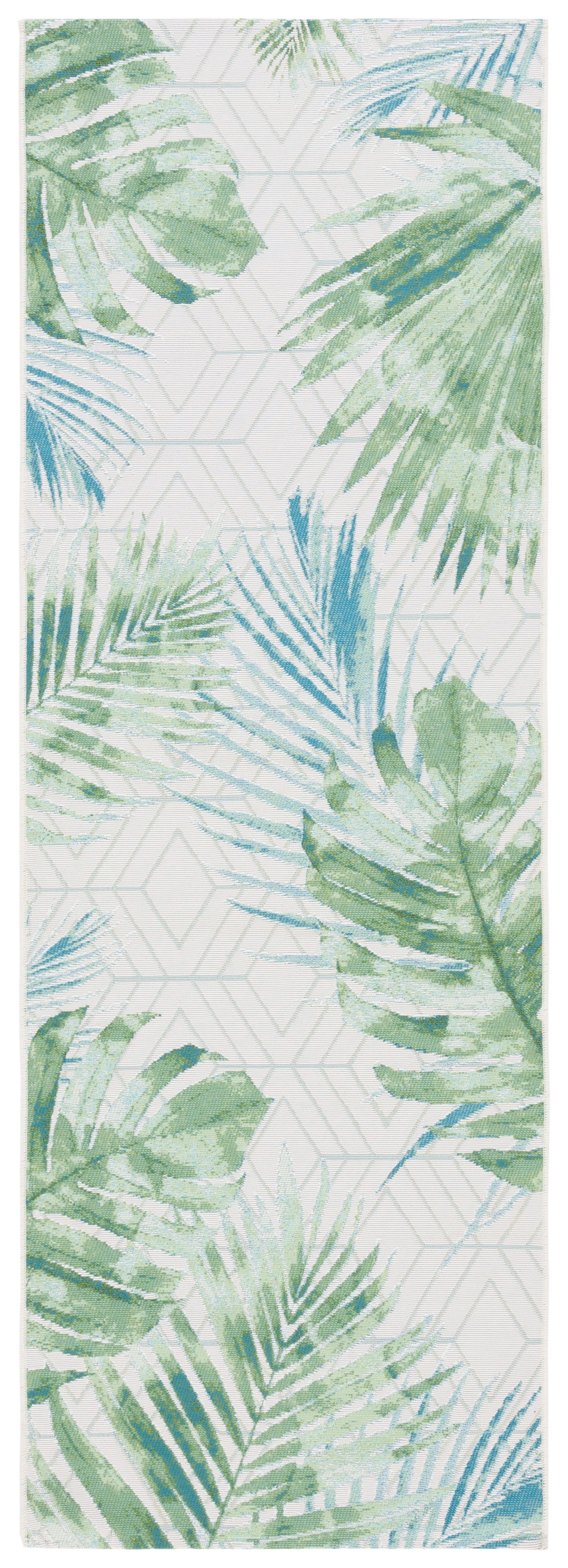 Green and Teal Tropical Leaf Pattern Synthetic Runner Rug, 2'8" x 8'