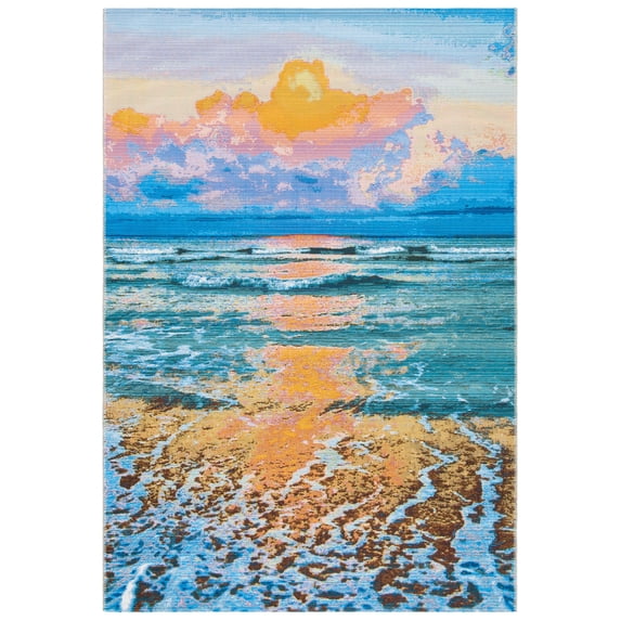 SAFAVIEH Barbados Dusk Waves Outdoor Area Rug, 5'3" x 7'6", Gold/Blue