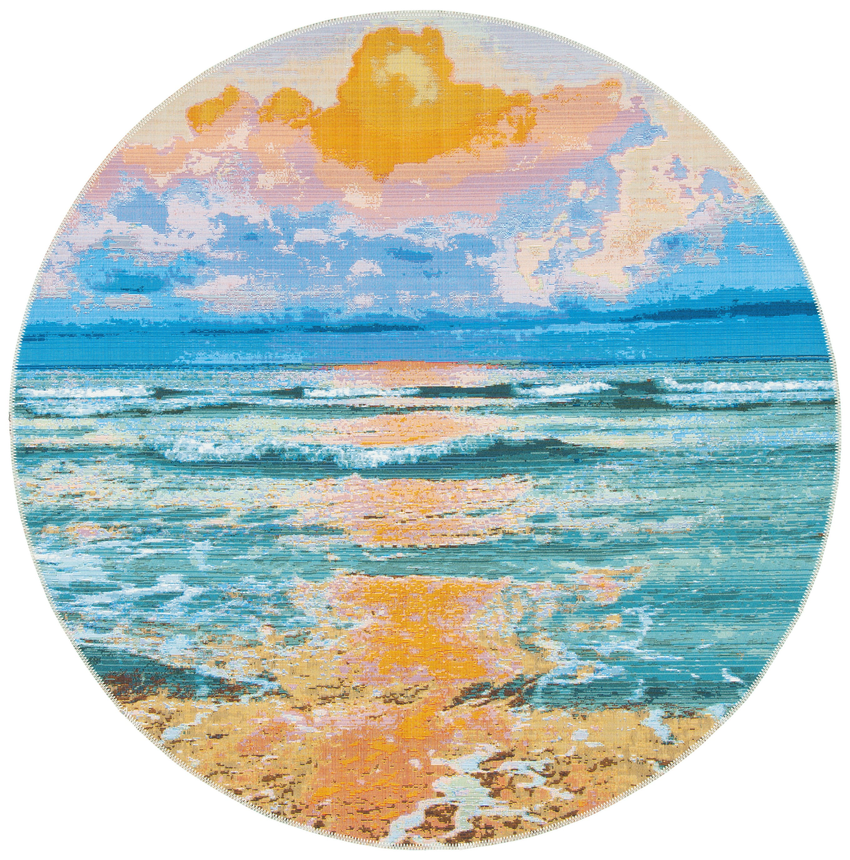 SAFAVIEH Barbados Dusk Waves Outdoor Area Rug, Gold/Blue, 6'6" x 6'6" Round