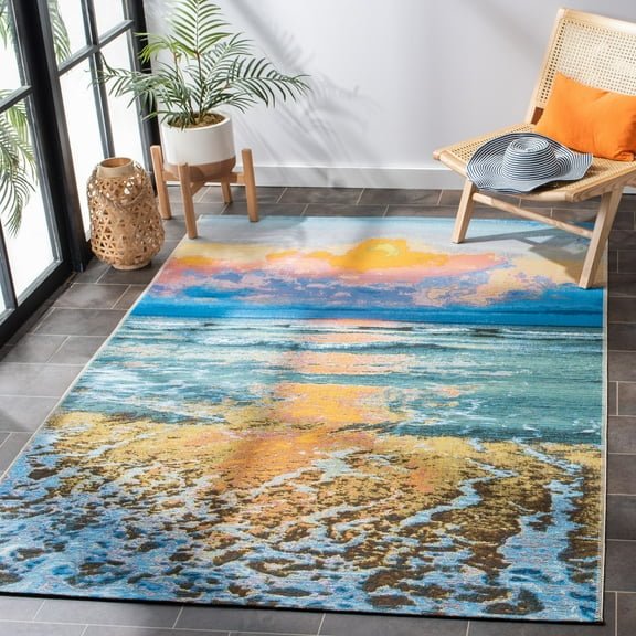 SAFAVIEH Barbados Dusk Waves Outdoor Area Rug, Gold/Blue, 6'6" x 6'6" Square