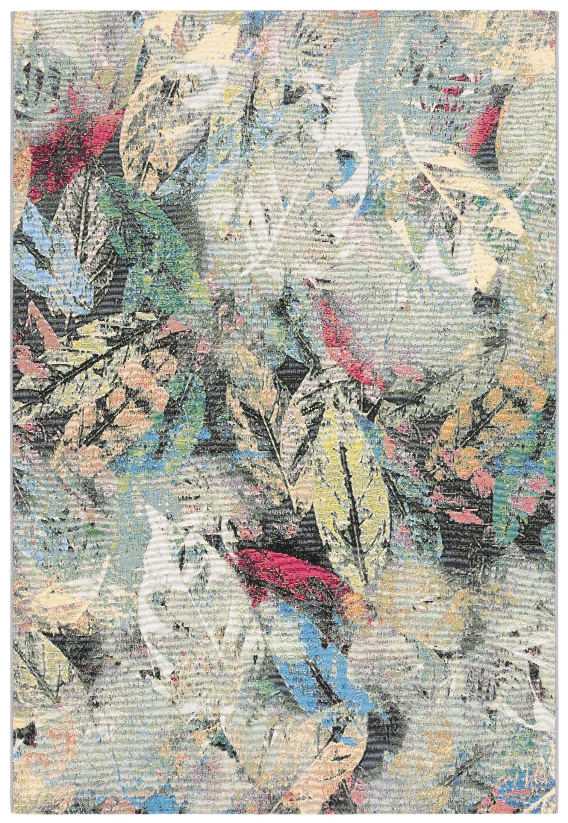 SAFAVIEH Barbados Eamon Botanical Indoor/Outdoor Area Rug, Black Green/Pink, 5'3" x 7'6"