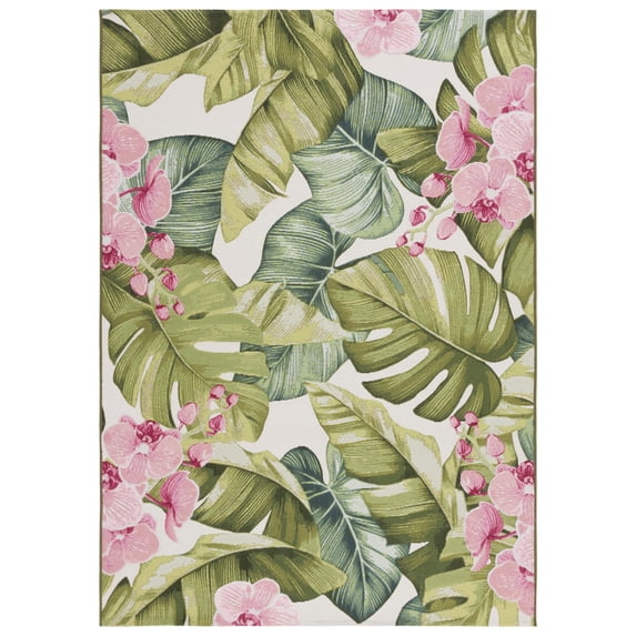 SAFAVIEH Barbados Evan Botanical Indoor/Outdoor Area Rug, Green/Pink, 5'3" x 7'6"
