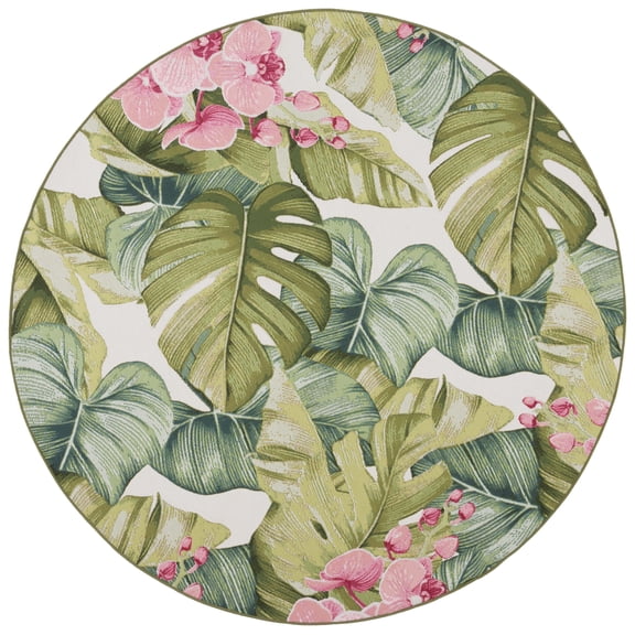 SAFAVIEH Barbados Evan Botanical Indoor/Outdoor Area Rug, Green/Pink, 6'6" x 6'6" Round