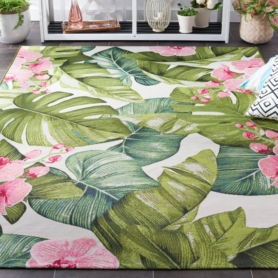 SAFAVIEH Barbados Evan Botanical Indoor/Outdoor Area Rug, Green/Pink, 8' x 10'5"