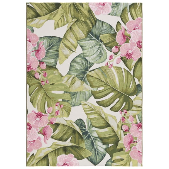 SAFAVIEH Barbados Evan Botanical Indoor/Outdoor Area Rug, Green/Pink, 9'10" x 12'5"