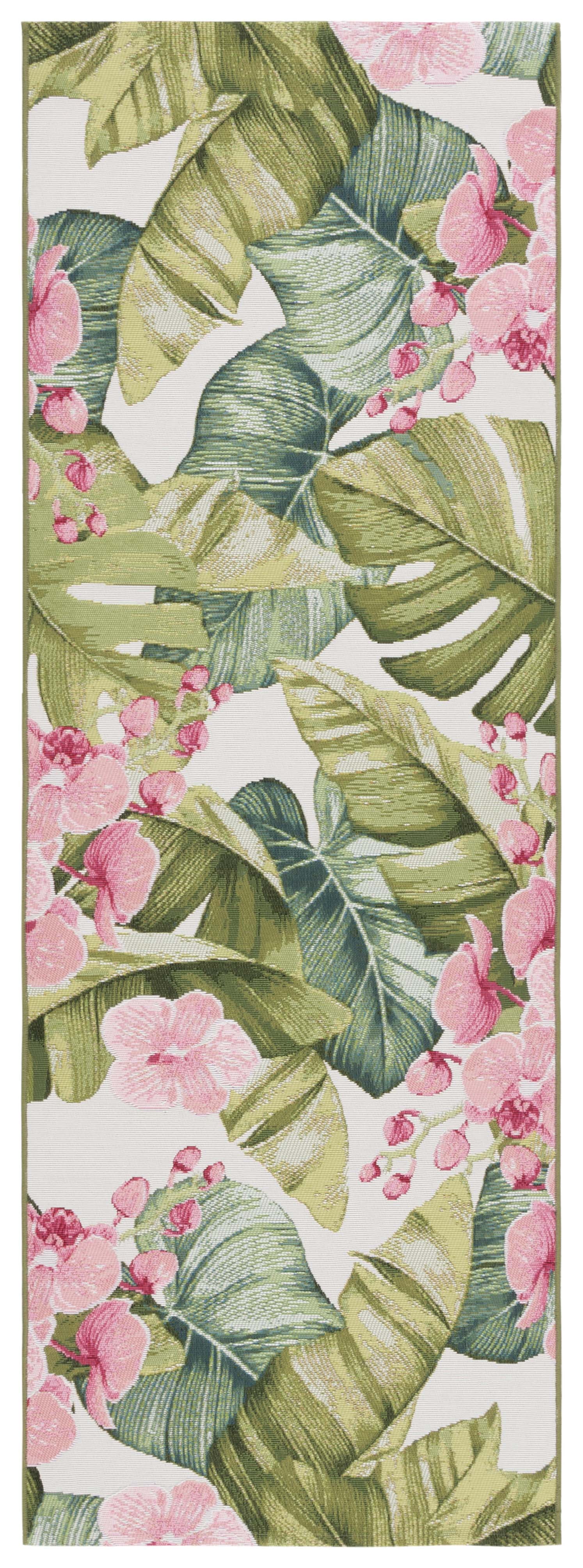 SAFAVIEH Barbados Evan Botanical Indoor/Outdoor Runner Rug, Green/Pink, 2'8" x 8'