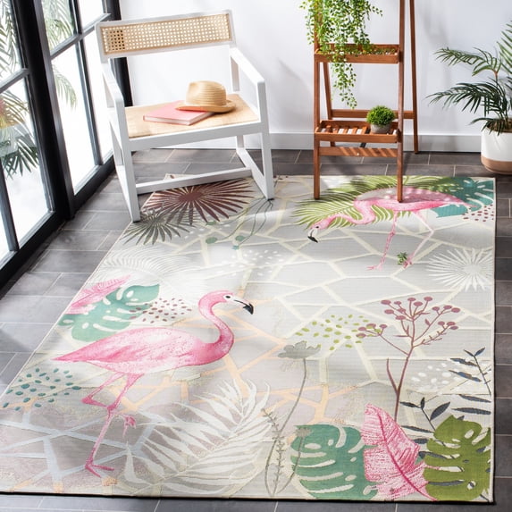 SAFAVIEH Barbados Flamingos Outdoor Area Rug, 4' x 6', Grey/Pink