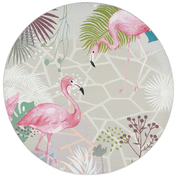 SAFAVIEH Barbados Flamingos Outdoor Area Rug, Grey/Pink, 6'6" x 6'6" Round