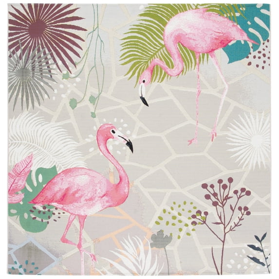 SAFAVIEH Barbados Flamingos Outdoor Area Rug, Grey/Pink, 6'6" x 6'6" Square