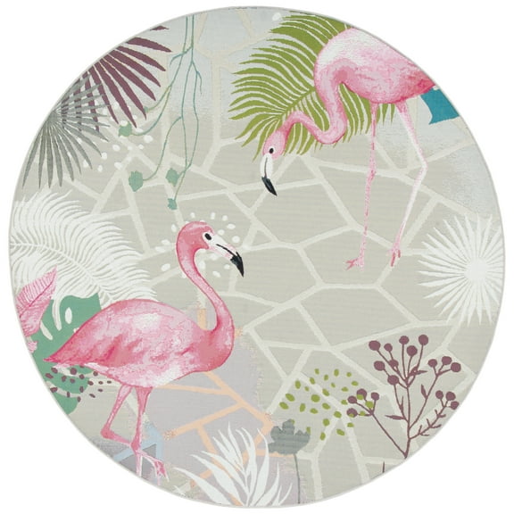 SAFAVIEH Barbados Flamingos Outdoor Area Rug, Grey/Pink, 8' x 8' Round
