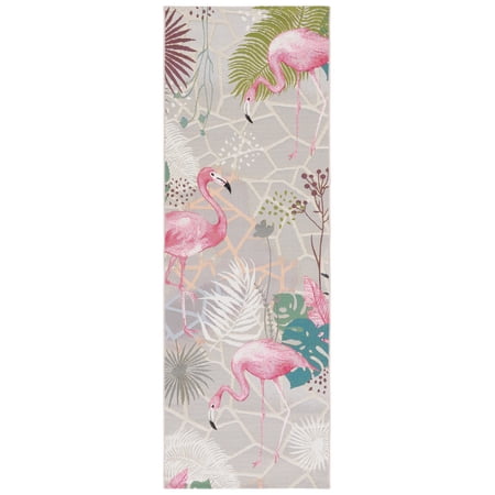SAFAVIEH Barbados Flamingos Outdoor Runner Rug, Grey/Pink, 2'8" x 8'