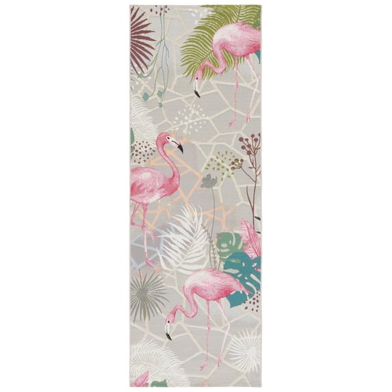 SAFAVIEH Barbados Flamingos Outdoor Runner Rug, Grey/Pink, 2'8" x 8'
