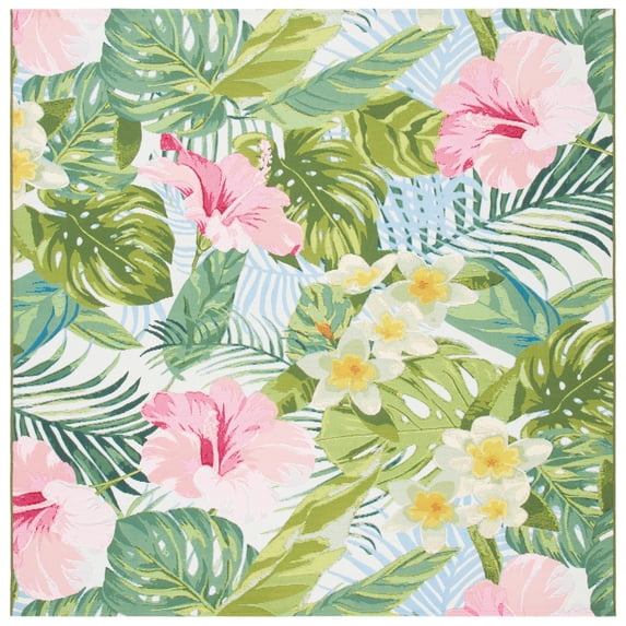 SAFAVIEH Barbados Floral Outdoor Area Rug, Green/Pink, 5'3" x 5'3" Square