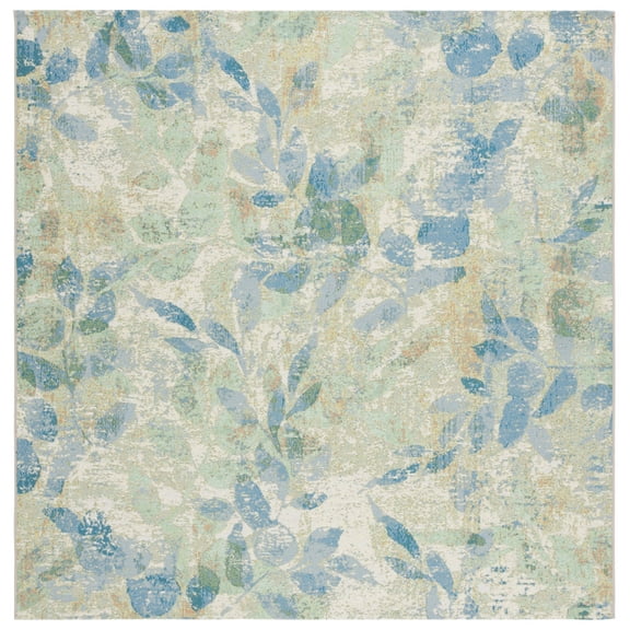 SAFAVIEH Barbados Gresham Botanical Indoor/Outdoor Area Rug, Blue/Ivory, 6'6" x 6'6" Square