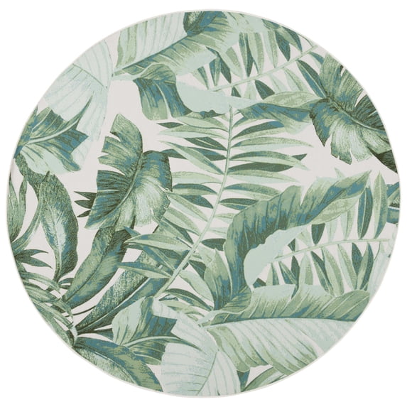 SAFAVIEH Barbados Igor Botanical Indoor/Outdoor Area Rug, Green/Teal, 6'6" x 6'6" Round