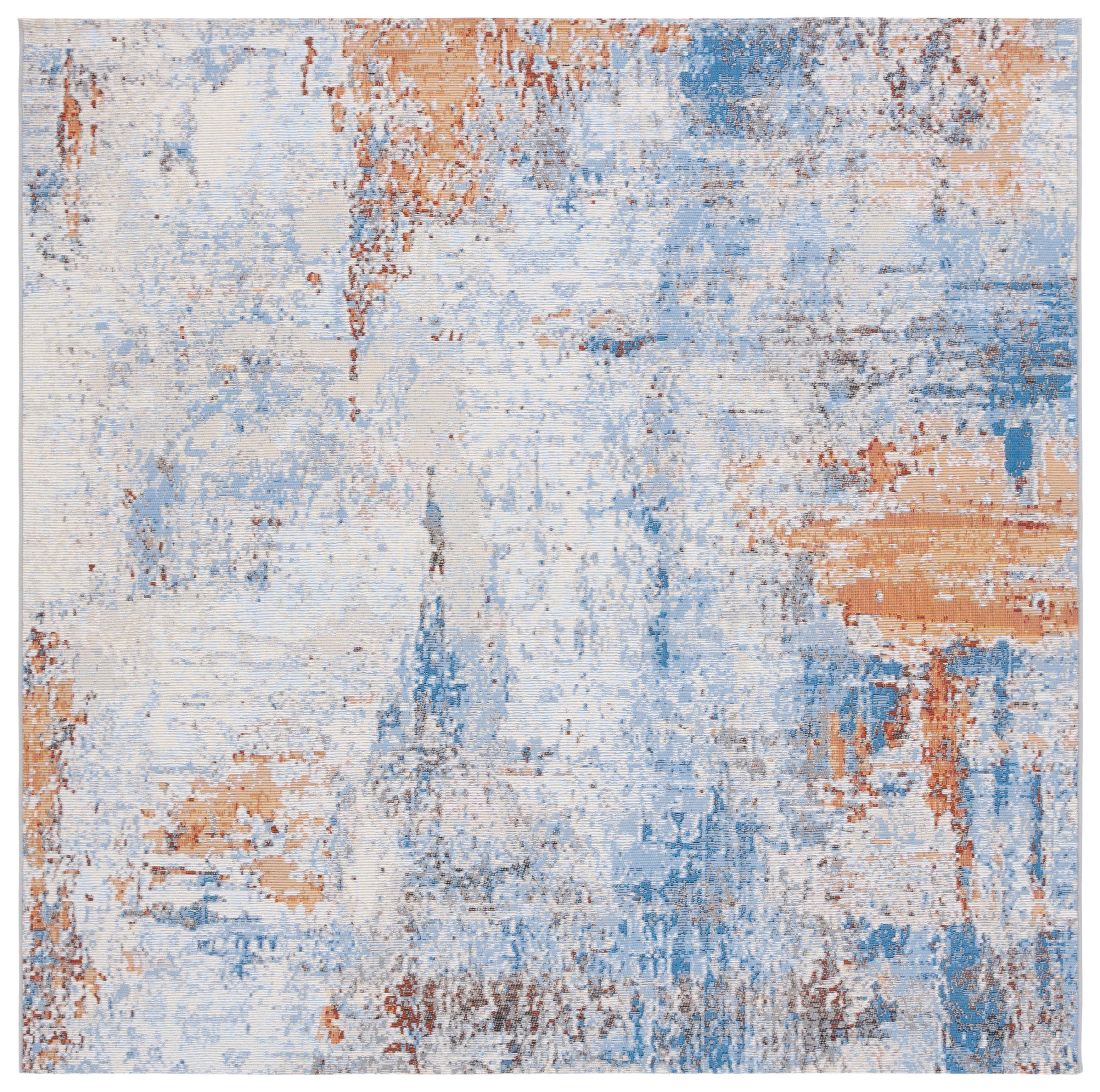 Ivory and Blue Rust Square Abstract Synthetic Area Rug