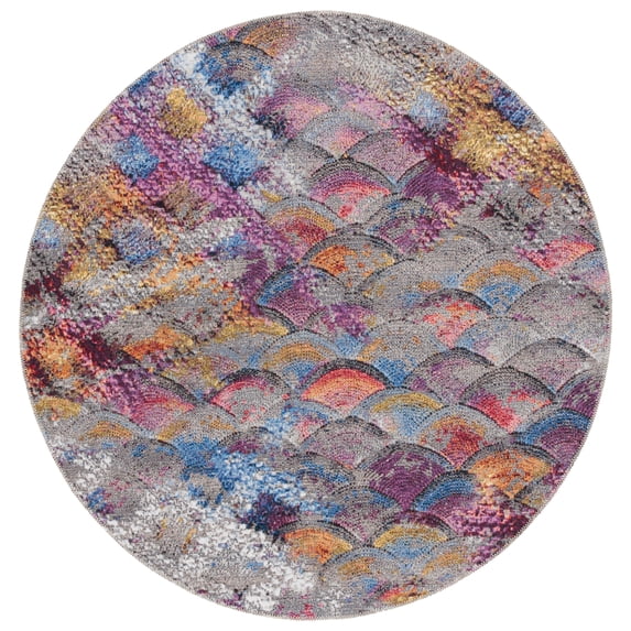 SAFAVIEH Barbados Lorcan Geometric Indoor/Outdoor Area Rug, Grey Purple/Blue Gold, 6'6" x 6'6" Round