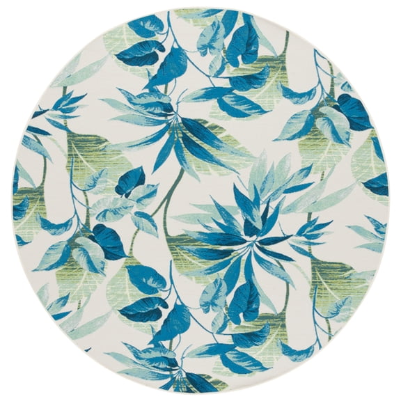 SAFAVIEH Barbados Maris Botanical Indoor/Outdoor Area Rug, Ivory/Blue, 6'7" x 6'7" Round