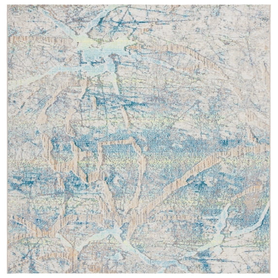 SAFAVIEH Barbados Micah Abstract Indoor/Outdoor Area Rug, Ivory Blue/Green, 6'6" x 6'6" Square