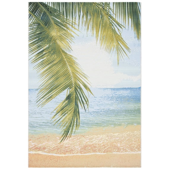 SAFAVIEH Barbados Palm Leaves Outdoor Area Rug, Gold/Blue, 5'3" x 7'6"
