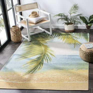 SAFAVIEH Barbados Palm Leaves Outdoor Area Rug, Gold/Blue, 5'3" x 7'6"