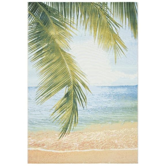 SAFAVIEH Barbados Palm Leaves Outdoor Area Rug, Gold/Blue, 8' x 8' Square