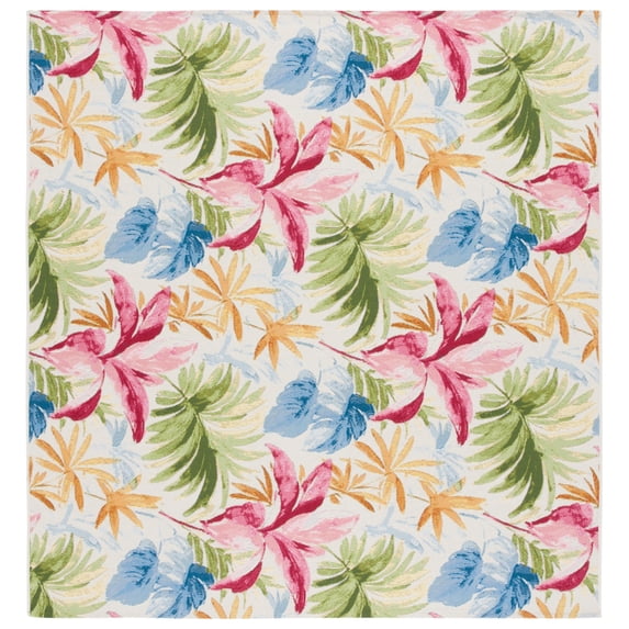 SAFAVIEH Barbados Paul Botanical Indoor/Outdoor Area Rug, Ivory/Green Rust, 6'7" x 6'7" Square