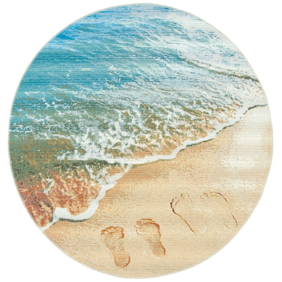 SAFAVIEH Barbados Sand Footprints Outdoor Area Rug, Gold/Blue, 6'6" x 6'6" Round