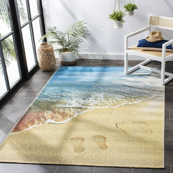 SAFAVIEH Barbados Sand Footprints Outdoor Area Rug, Gold/Blue, 6'6" x 9'4"