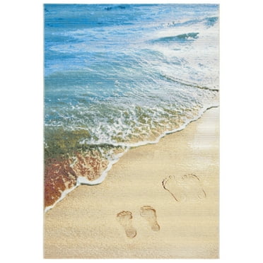 SAFAVIEH Barbados Sand Footprints Outdoor Area Rug, Gold/Blue, 8' x 8' Round