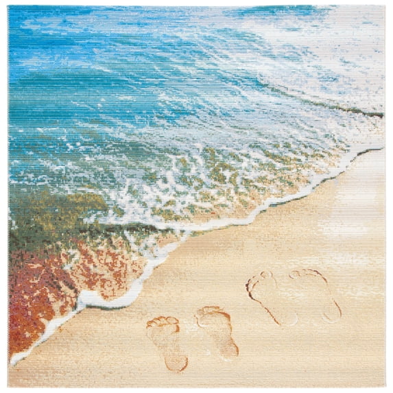 SAFAVIEH Barbados Sand Footprints Outdoor Area Rug, Gold/Blue, 8' x 8' Square