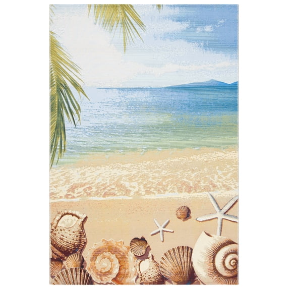 SAFAVIEH Barbados Sea Shells Outdoor Area Rug, Gold/Blue, 3'3" x 5'3"
