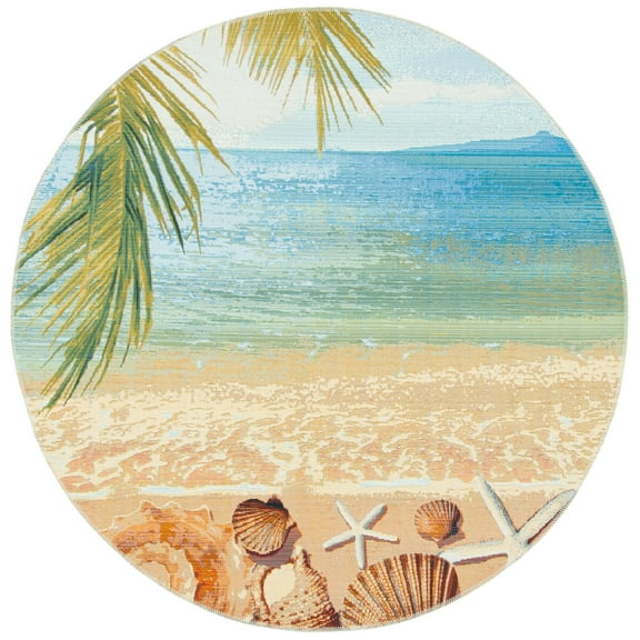 SAFAVIEH Barbados Sea Shells Outdoor Area Rug, Gold/Blue, 5'3" x 5'3" Round
