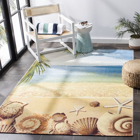 SAFAVIEH Barbados Sea Shells Outdoor Area Rug, Gold/Blue, 8' x 10'5"