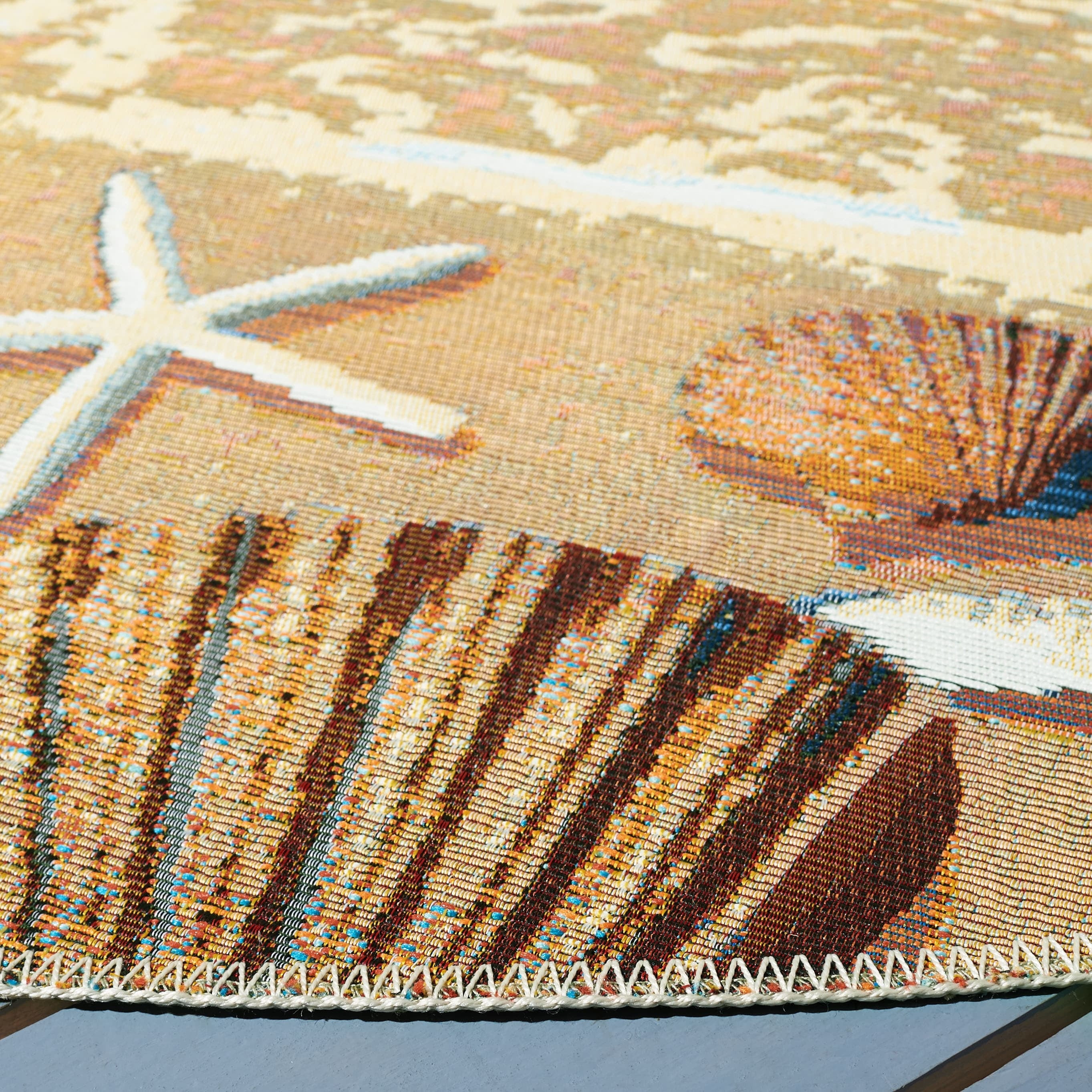 Varkala Shell Rug SAFAVIEH Barbados Sea Shells Outdoor Area Rug, Gold/Blue, 8' x 8' Round ...
