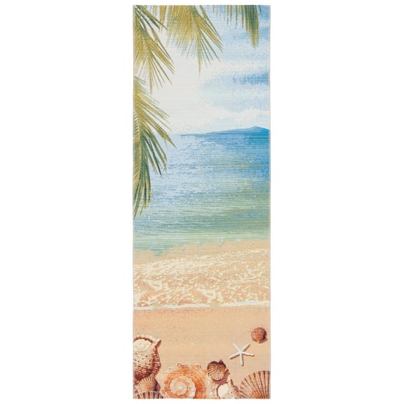 SAFAVIEH Barbados Sea Shells Outdoor Runner Rug, Gold/Blue, 2'8" x 8'