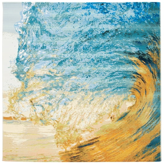 SAFAVIEH Barbados Sunset Waves Outdoor Area Rug, Blue/Gold, 5'3" x 5'3" Square