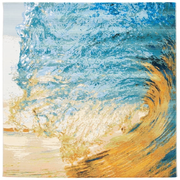 SAFAVIEH Barbados Sunset Waves Outdoor Area Rug, Blue/Gold, 6'6" x 6'6" Square