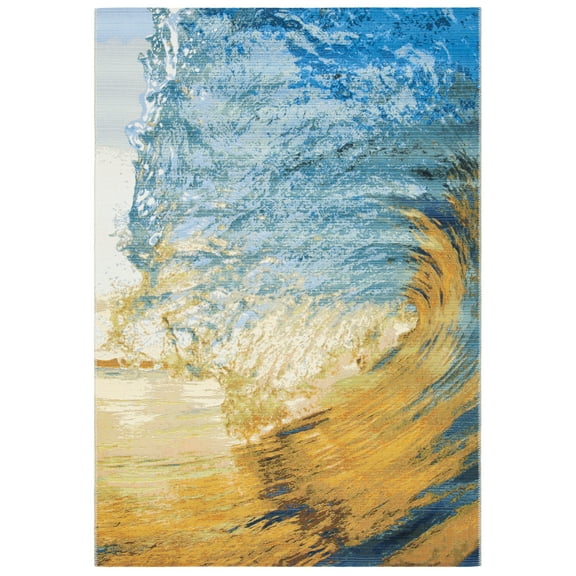 SAFAVIEH Barbados Sunset Waves Outdoor Area Rug, Blue/Gold, 6'6" x 9'4"