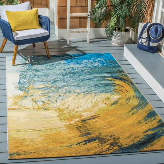 SAFAVIEH Barbados Sunset Waves Outdoor Area Rug, Blue/Gold, 8' x 10'5"