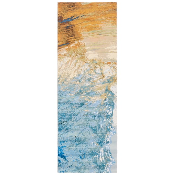 SAFAVIEH Barbados Sunset Waves Outdoor Runner Rug, Blue/Gold, 2'8" x 8'