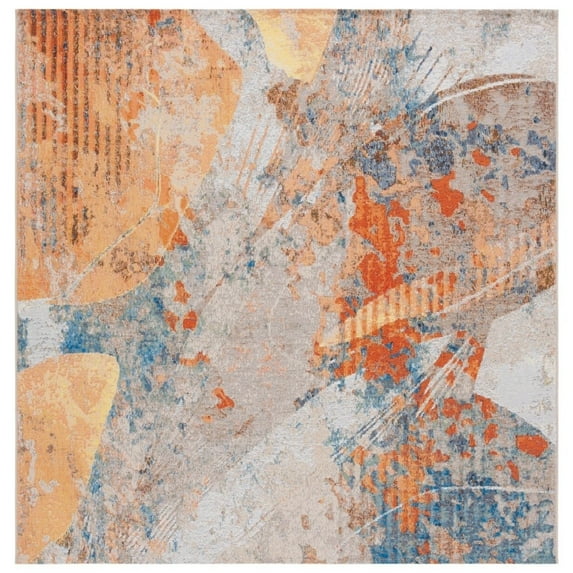 SAFAVIEH Barbados Tanner Abstract Indoor/Outdoor Area Rug, Blue/Rust, 6'6" x 6'6" Square