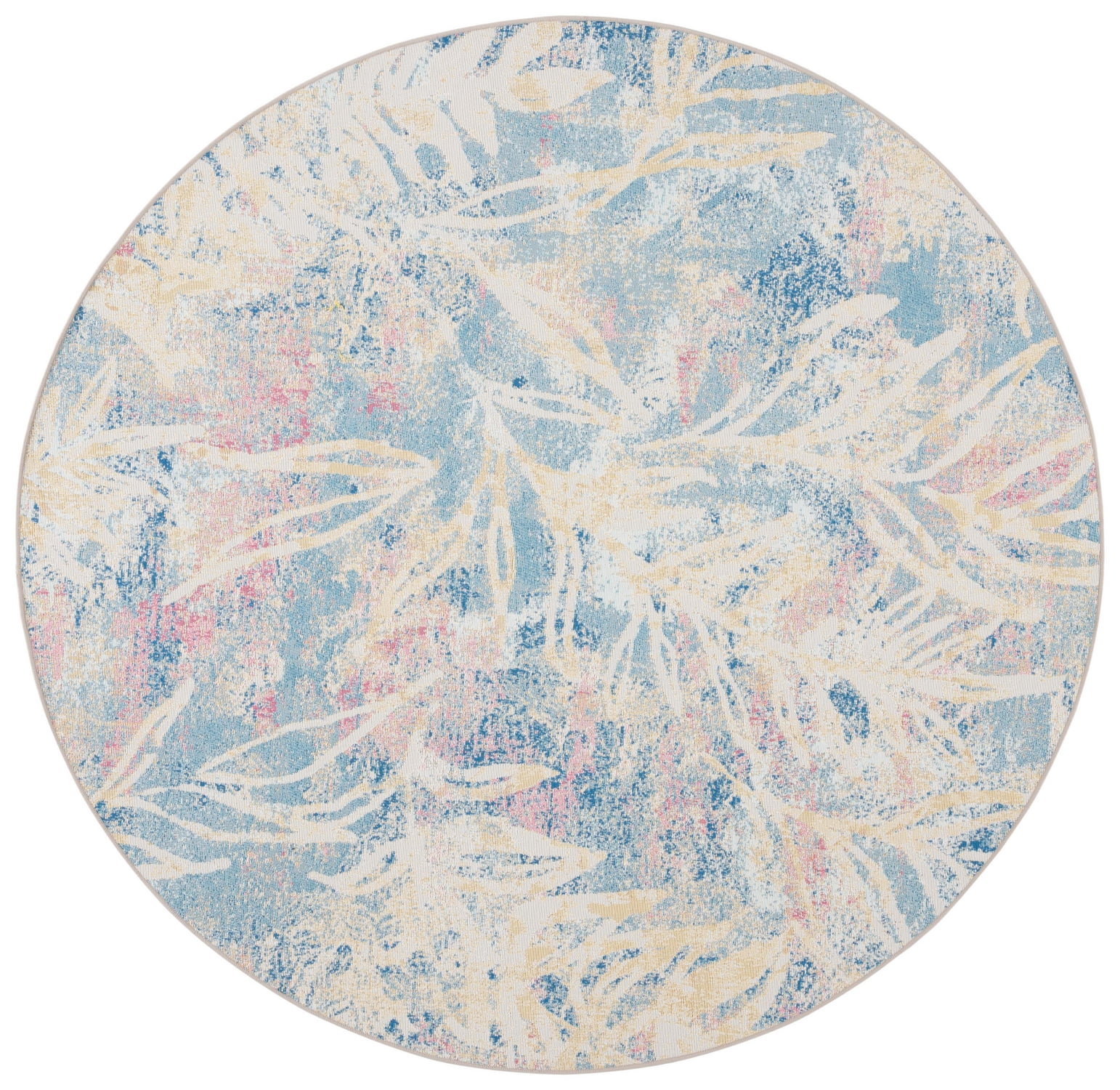 SAFAVIEH Barbados Tobon Botanical Indoor/Outdoor Area Rug, Light Blue/Ivory, 6'6" x 6'6" Round