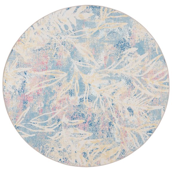 SAFAVIEH Barbados Tobon Botanical Indoor/Outdoor Area Rug, Light Blue/Ivory, 6'6" x 6'6" Round