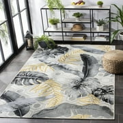 SAFAVIEH Barbados Tropical Leaves Outdoor Area Rug, 5'3" x 7'6", Grey/Gold