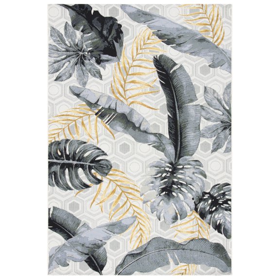 SAFAVIEH Barbados Tropical Leaves Outdoor Area Rug, Grey/Gold, 3'3" x 5'3"