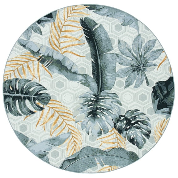SAFAVIEH Barbados Tropical Leaves Outdoor Area Rug, Grey/Gold, 6'6" x 6'6" Round