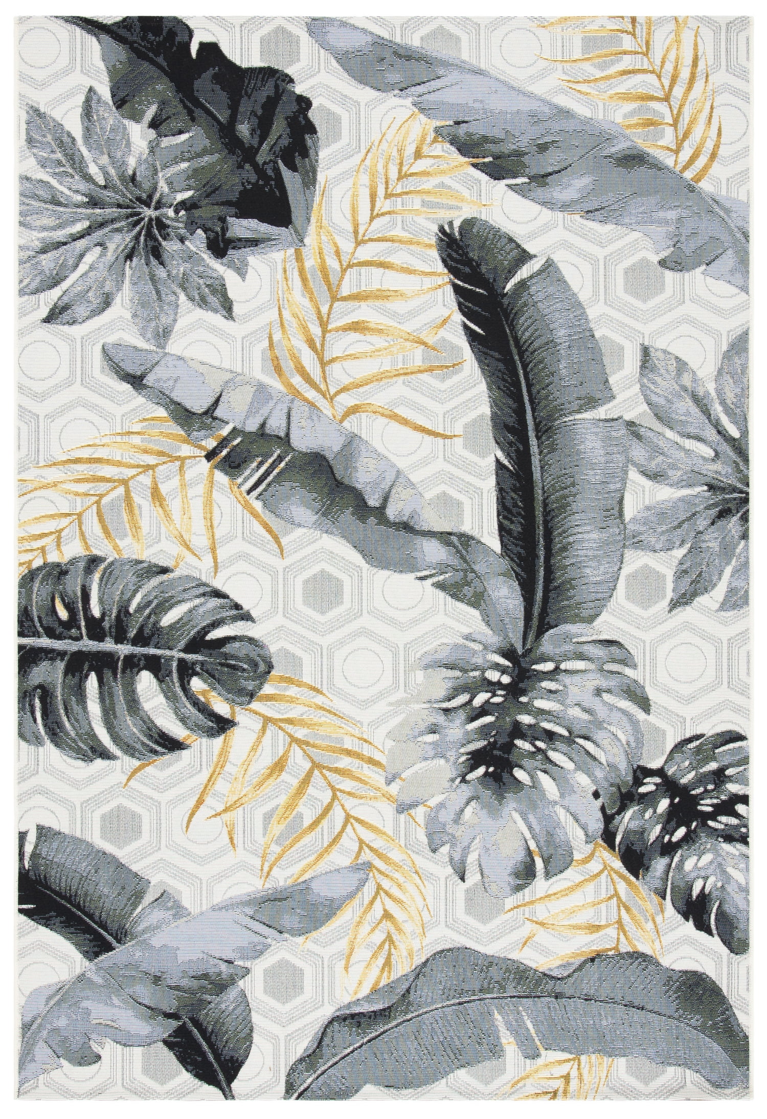 SAFAVIEH Barbados Tropical Leaves Outdoor Area Rug, Grey/Gold, 6'6" x 6'6" Square