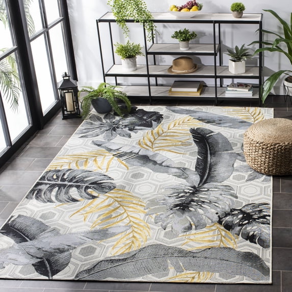 SAFAVIEH Barbados Tropical Leaves Outdoor Area Rug, Grey/Gold, 6'6" x 9'4"
